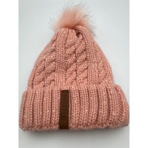 LCZIN Womens Cable Knit Beanie Hat Peach Pink Faux Fur Pom Pom Flecked Chunky